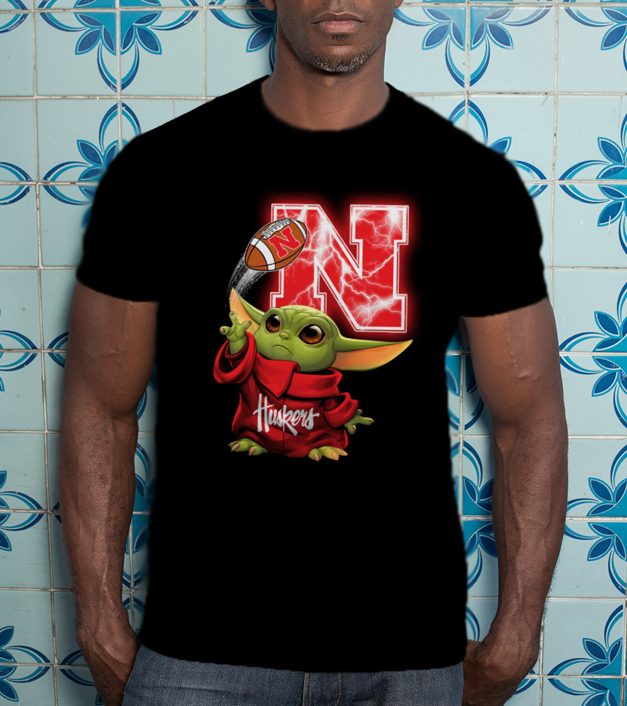 Huskers Baby Yoda Football Nebraska N T-Shirt