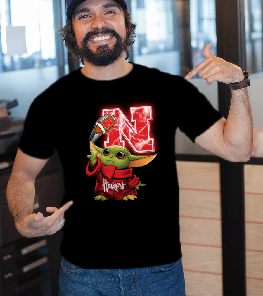 Huskers Baby Yoda Football Nebraska N T-Shirt