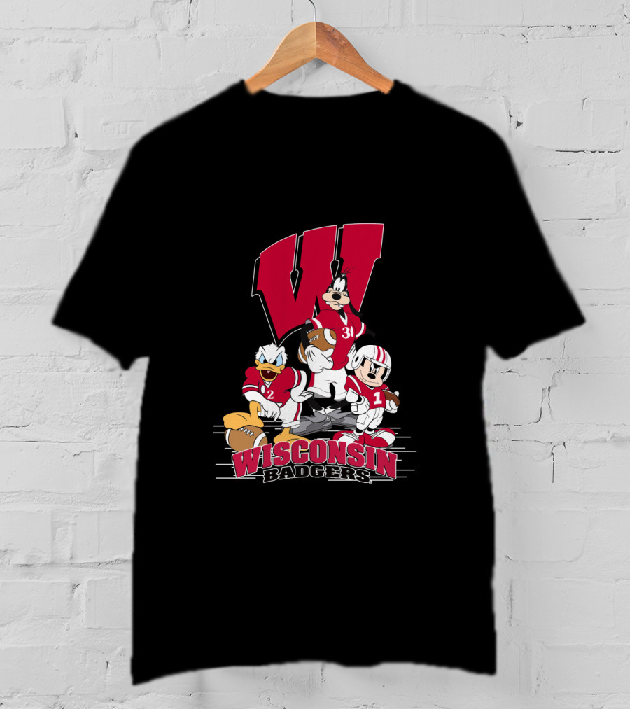 Wisconsin Badgers Donald Duck Goofy Mickey Mouse Football T-Shirt