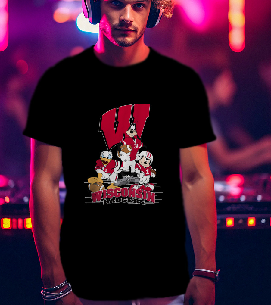 Wisconsin Badgers Donald Duck Goofy Mickey Mouse Football T-Shirt