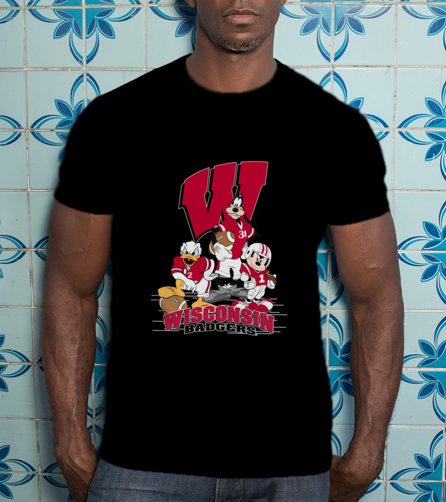 Wisconsin Badgers Donald Duck Goofy Mickey Mouse Football T-Shirt