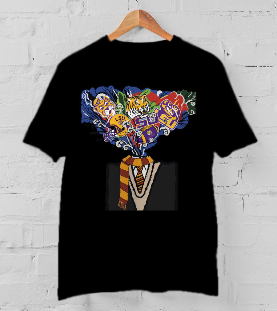 Lsu Tigers Football Helmet And Face Design With Striped Scarf T-Shirt
