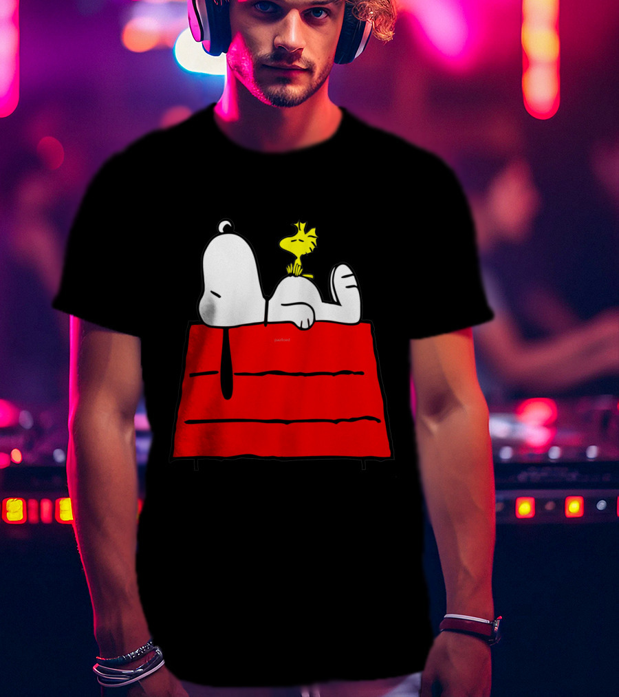 Snoopy Sleeping On Red Doghouse With Woodstock T-Shirt