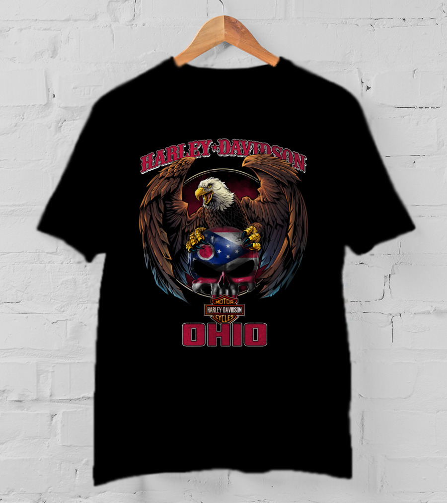 Harley Davidson Ohio Bald Eagle Skull Motorcycle Cycles T-Shirt