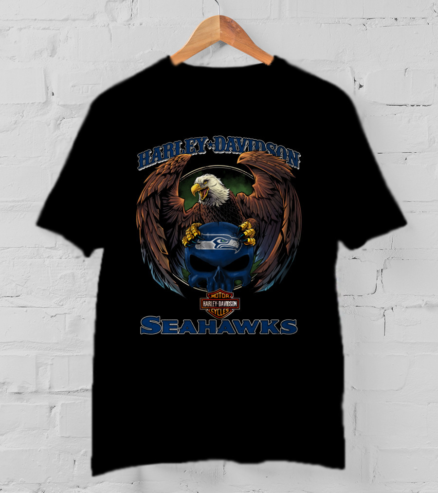 Harley Davidson Seattle Seahawks Motor Cycles Eagle Helmet T-Shirt
