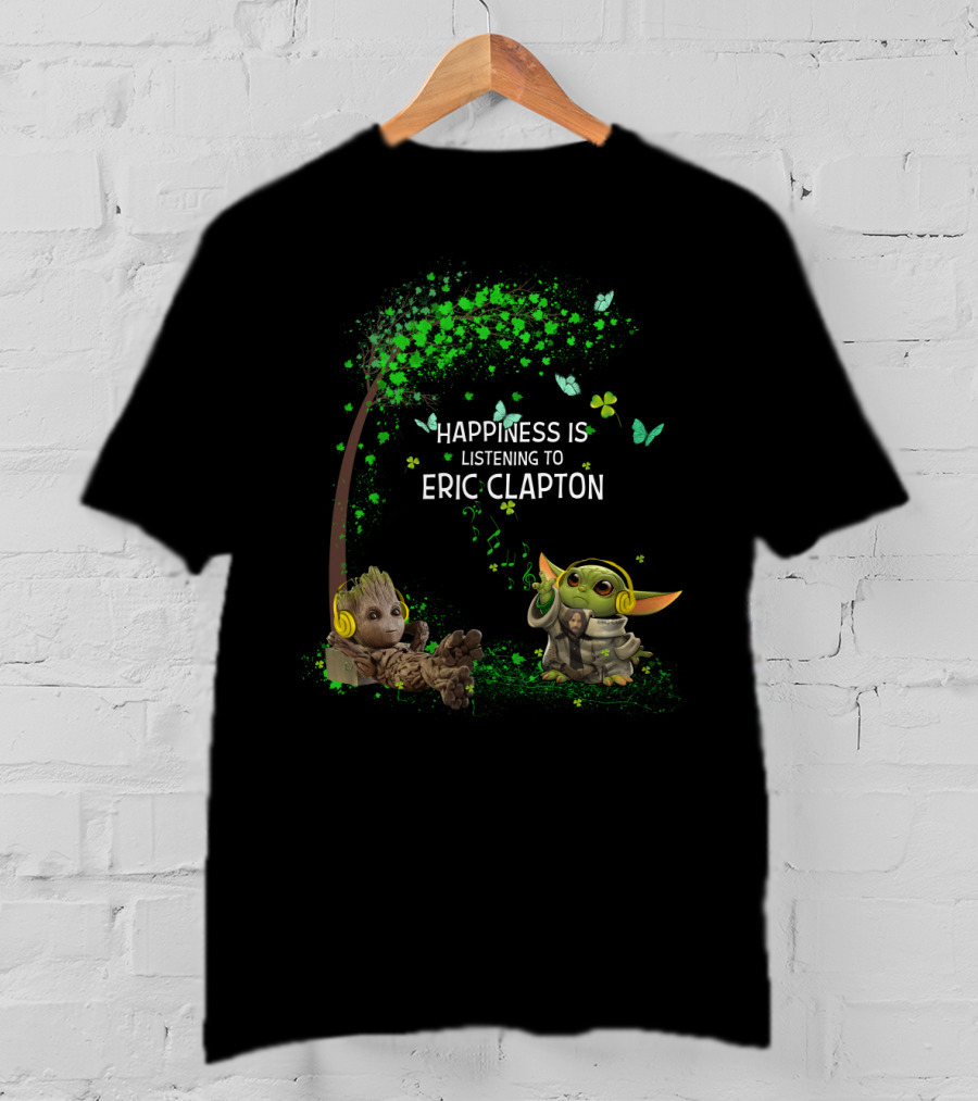 Happiness Is Listening To Eric Clapton With Baby Groot And Baby Yoda Music Headphones T-Shirt