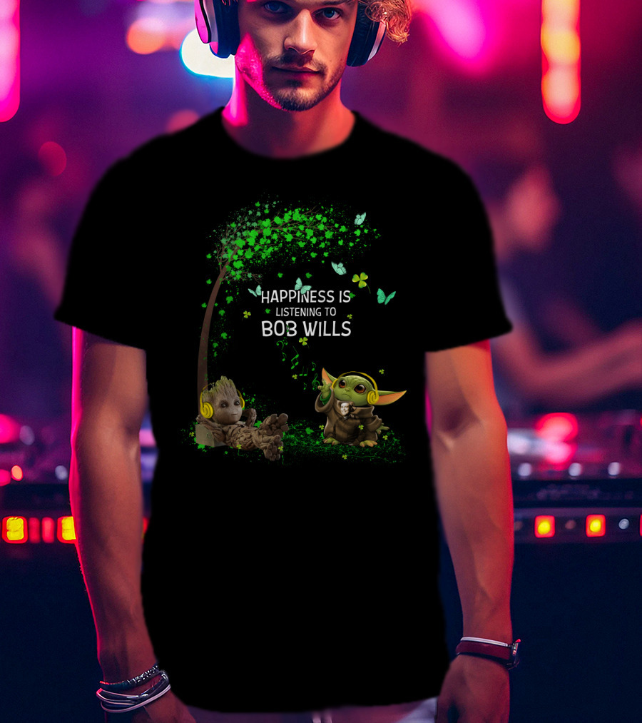 Happiness Is Listening To Bob Wills With Cute Characters Under Tree And Flowers T-Shirt