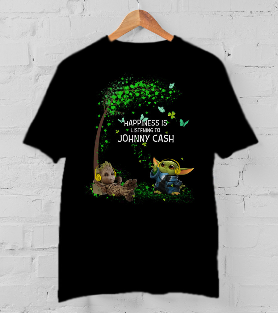 Happiness Is Listening To Johnny Cash Groot And Baby Yoda T-Shirt