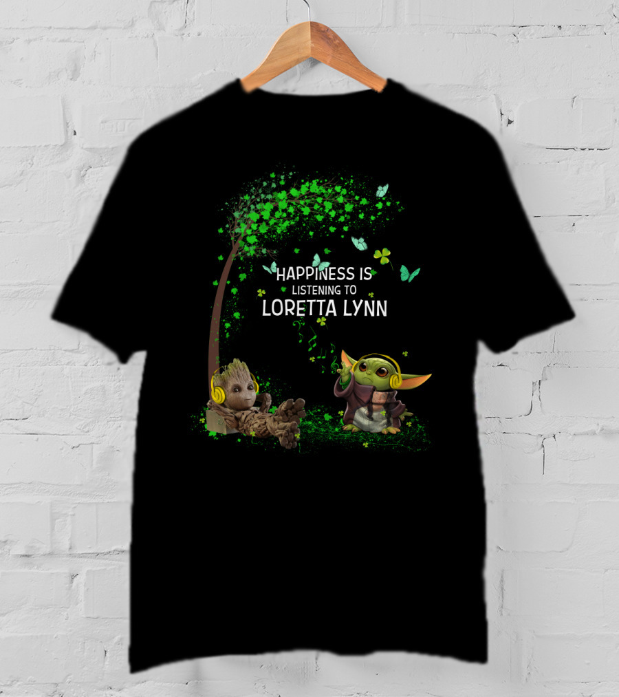 Happiness Is Listening To Loretta Lynn With Baby Groot And Baby Yoda Music T-Shirt