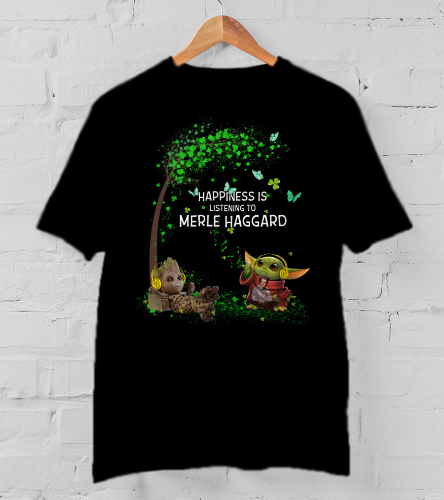 Happiness Is Listening To Merle Haggard With Headphone Characters And Green Leaves T-Shirt