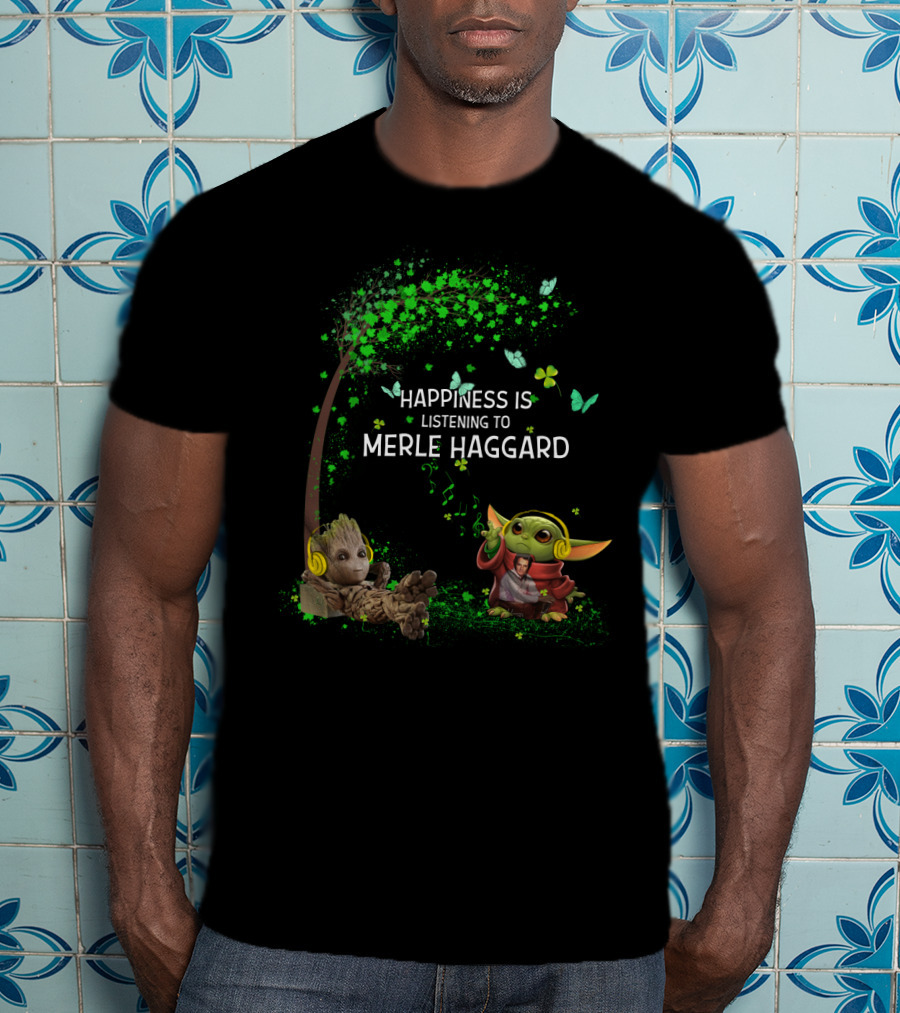 Happiness Is Listening To Merle Haggard With Headphone Characters And Green Leaves T-Shirt