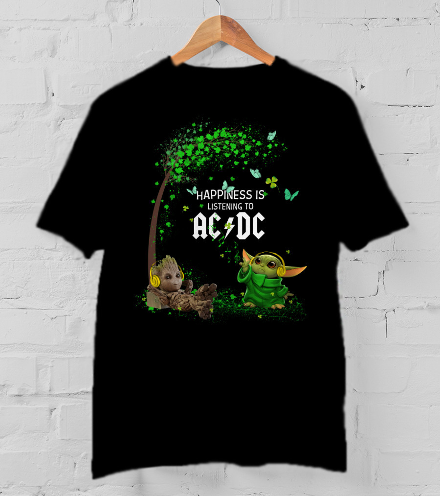 Happiness Is Listening To Ac/Dc Groot Baby Yoda Collaboration T-Shirt