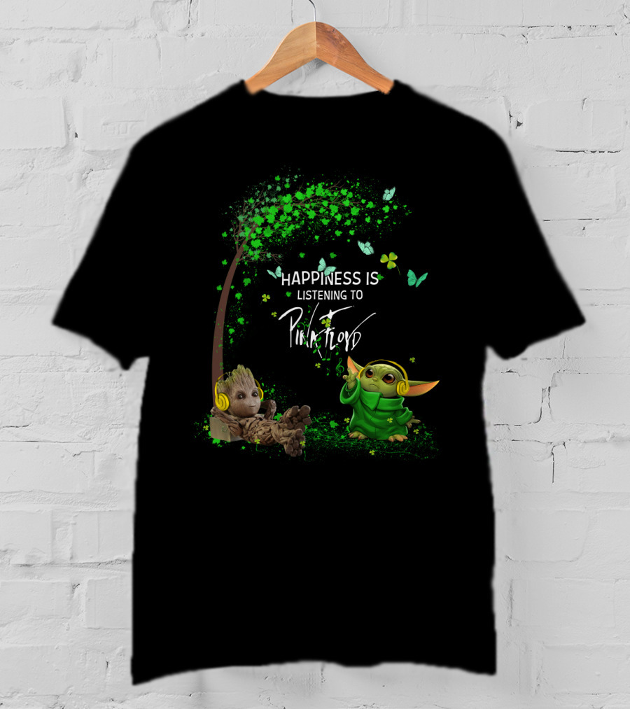 Happiness Is Listening To Pink Floyd With Headphone Characters In Green Fantasy Scene T-Shirt