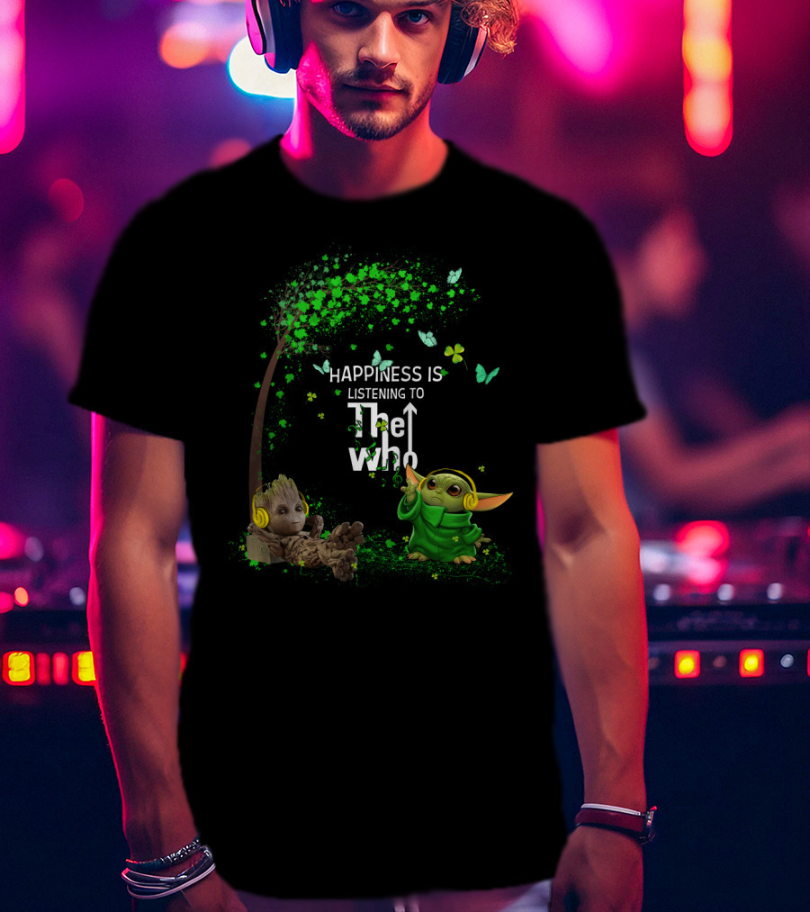 Happiness Is Listening To The Who With Baby Alien Figures And Headphones T-Shirt