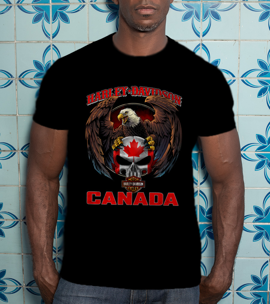 Harley Davidson Canada Eagle Embrace With Maple Leaf Skull And Motorcycles T-Shirt
