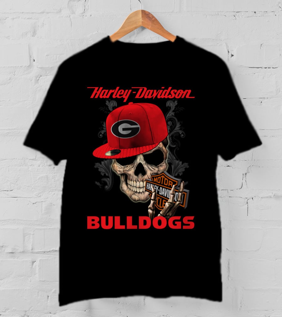Harley Davidson Skull Wearing Georgia Bulldogs Cap T-Shirt