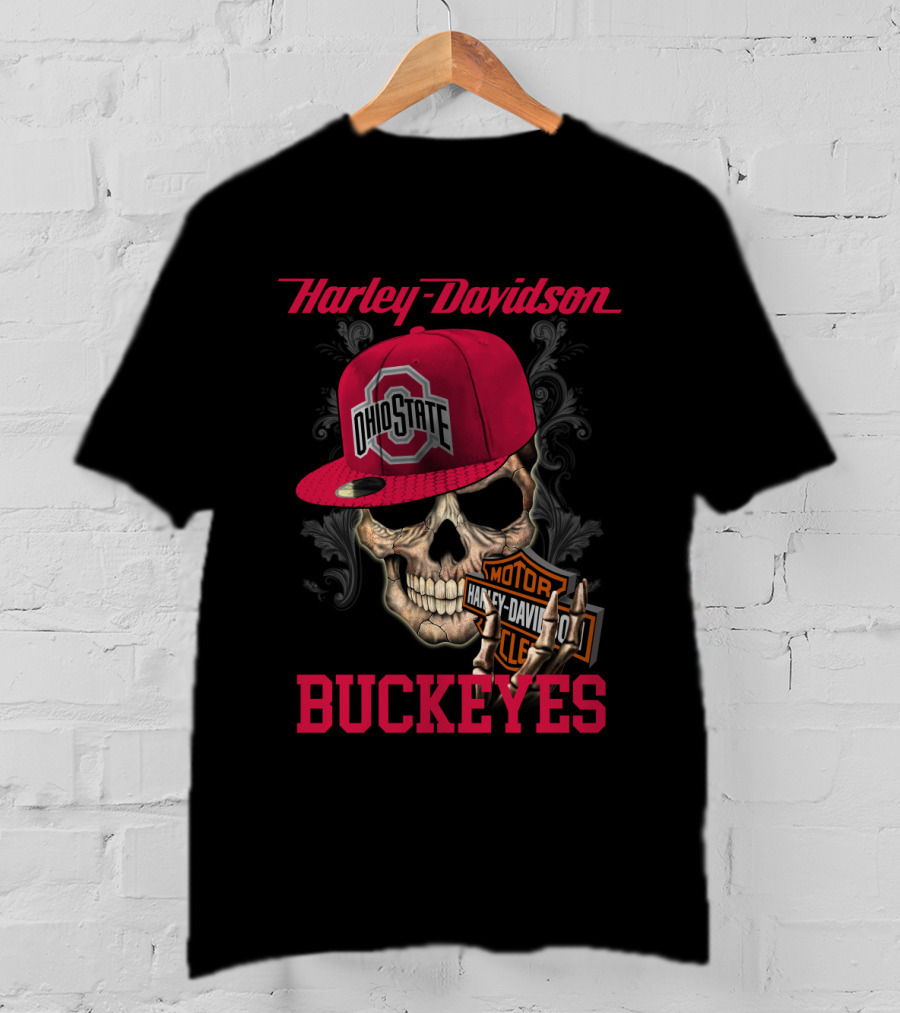 Harley Davidson Skull With Ohio State Buckeyes Cap And Motorcycle Elements T-Shirt