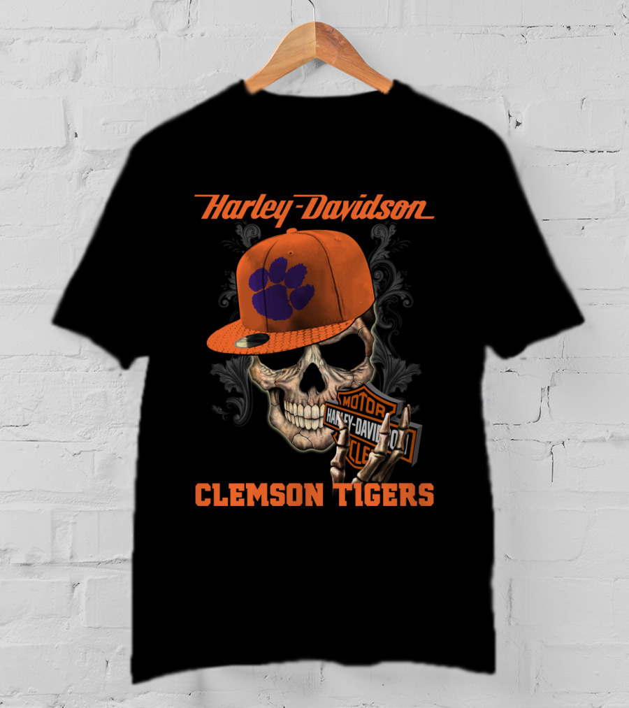 Harley Davidson Skull With Clemson Tigers Paw T-Shirt