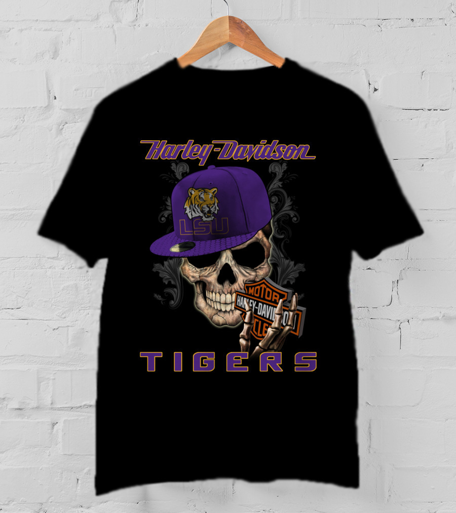 Harley Davidson Lsu Tigers Skull Hat T-Shirt