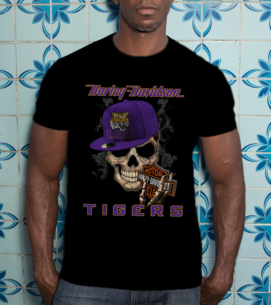 Harley Davidson Lsu Tigers Skull Hat T-Shirt