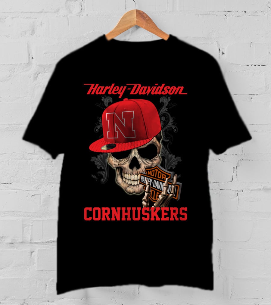 Harley Davidson Nebraska Cornhuskers Skull With Red N Cap T-Shirt