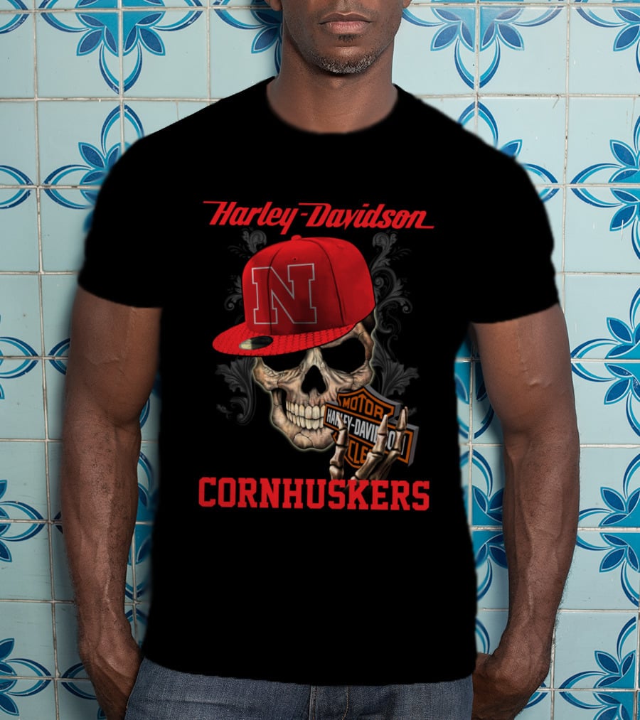 Harley Davidson Nebraska Cornhuskers Skull With Red N Cap T-Shirt