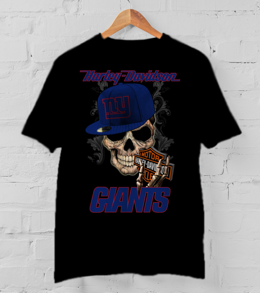 Harley Davidson Giants Skull With New York Giants Cap T-Shirt