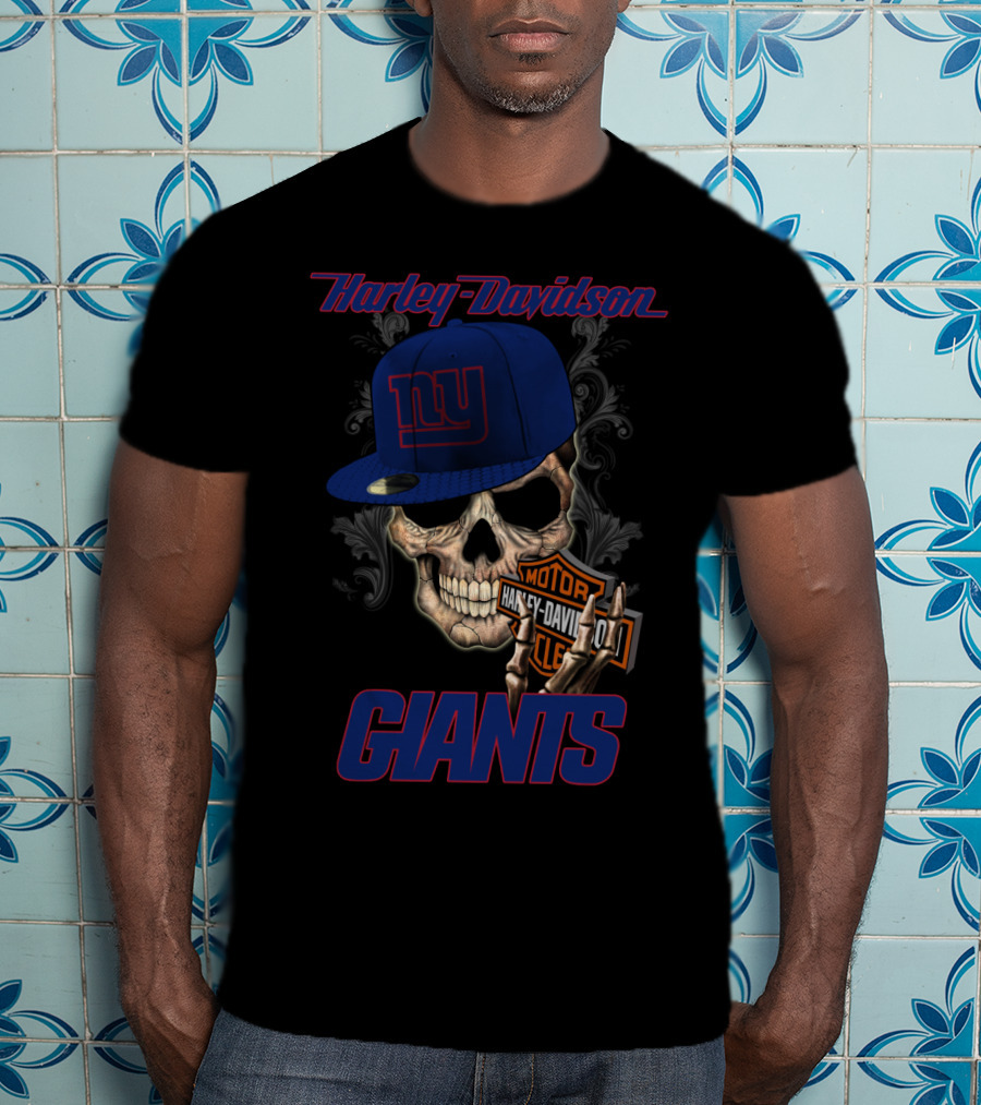 Harley Davidson Giants Skull With New York Giants Cap T-Shirt