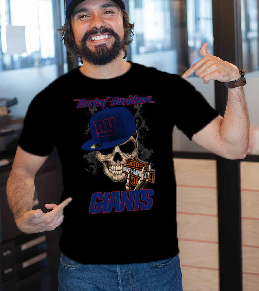 Harley Davidson Giants Skull With New York Giants Cap T-Shirt