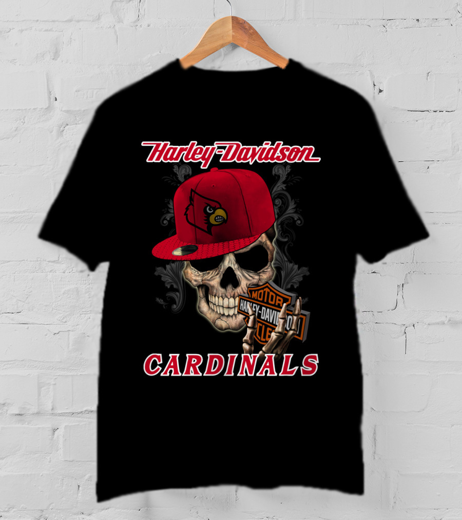 Harley Davidson Skull With Louisville Cardinals Hat T-Shirt