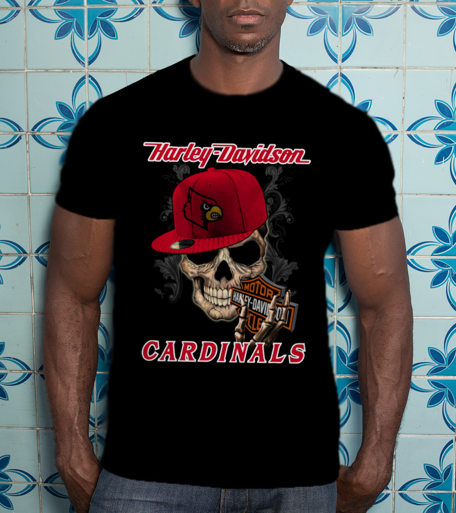 Harley Davidson Skull With Louisville Cardinals Hat T-Shirt