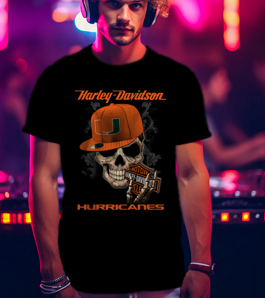 Harley Davidson Miami Hurricanes Skull With Cap T-Shirt