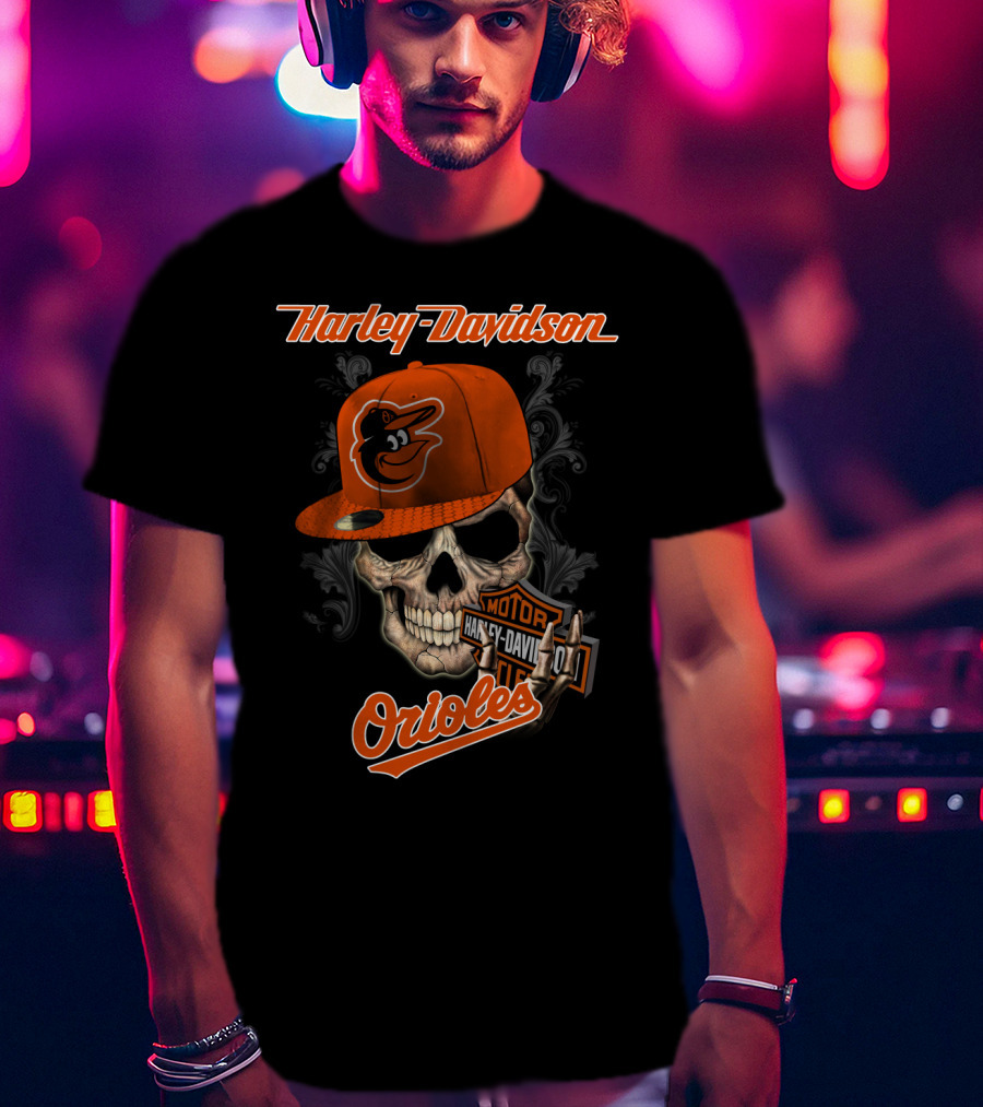 Harley Davidson Skull Wearing Baltimore Orioles Cap With Motor Badge T-Shirt