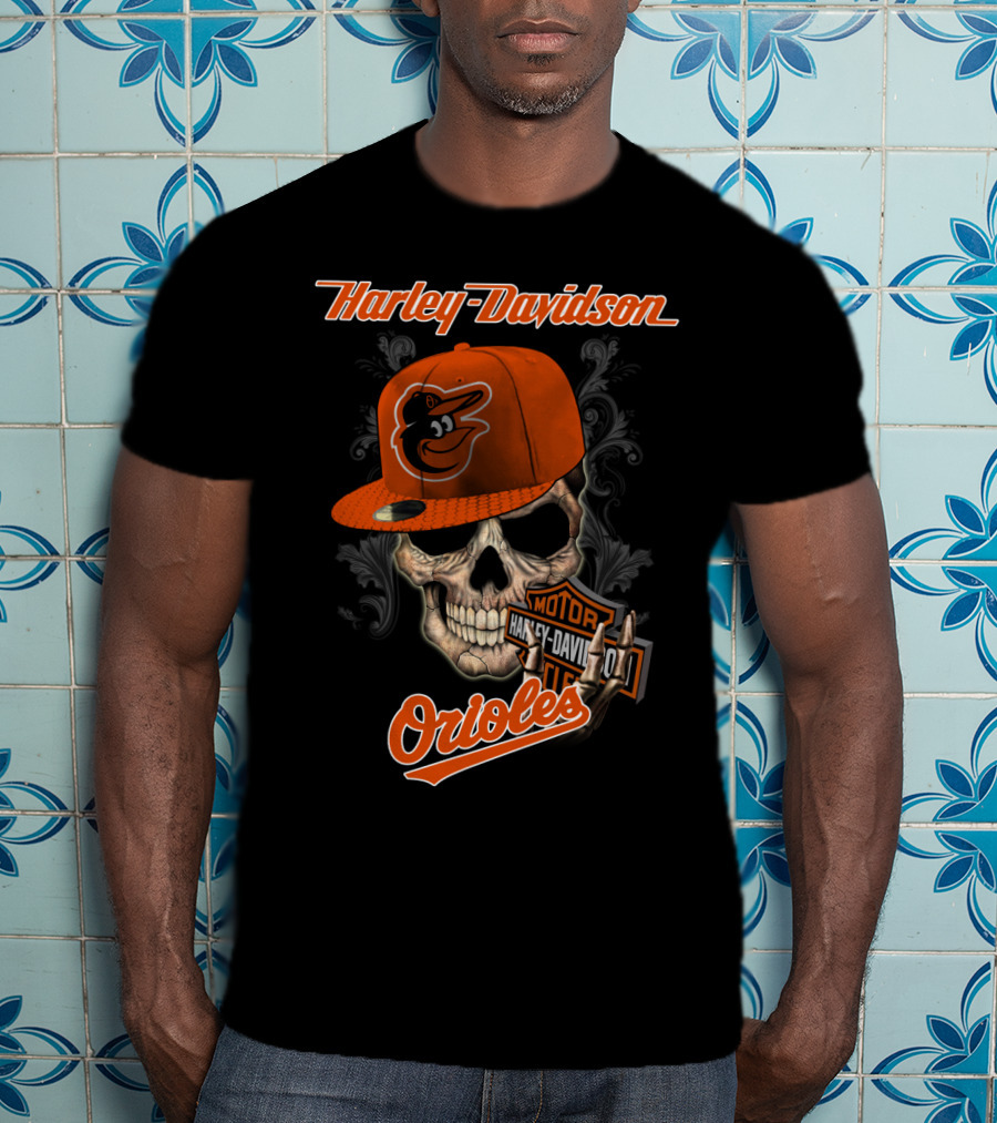 Harley Davidson Skull Wearing Baltimore Orioles Cap With Motor Badge T-Shirt