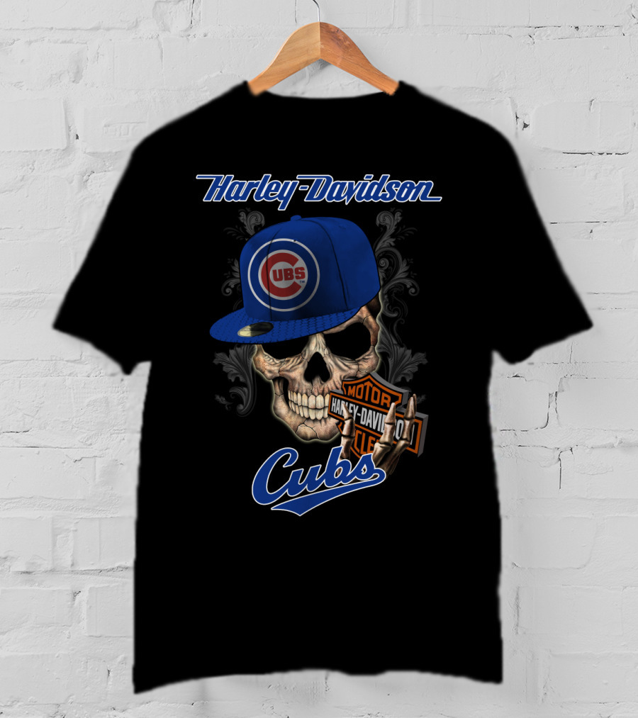 Harley Davidson Skull With Chicago Cubs Hat T-Shirt