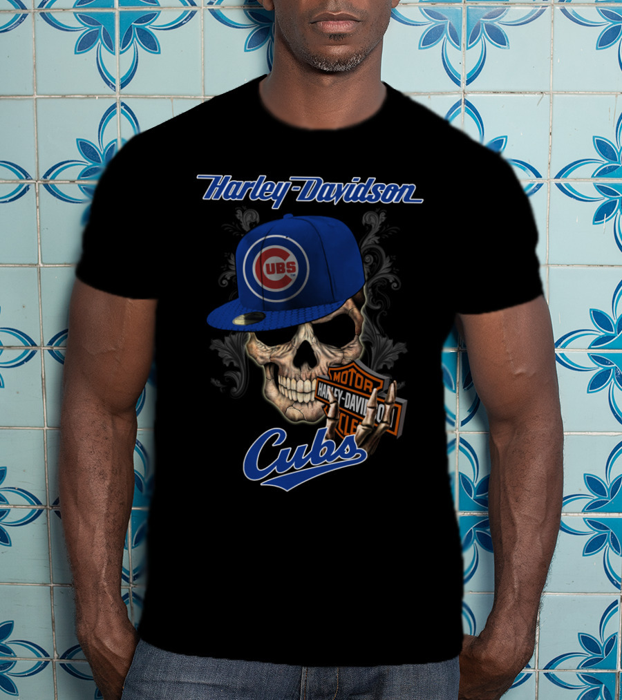 Harley Davidson Skull With Chicago Cubs Hat T-Shirt