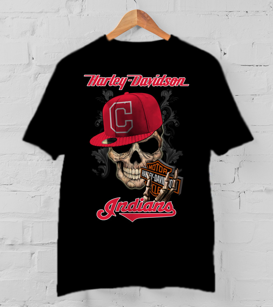 Harley Davidson Skull With Cleveland Indians Cap T-Shirt