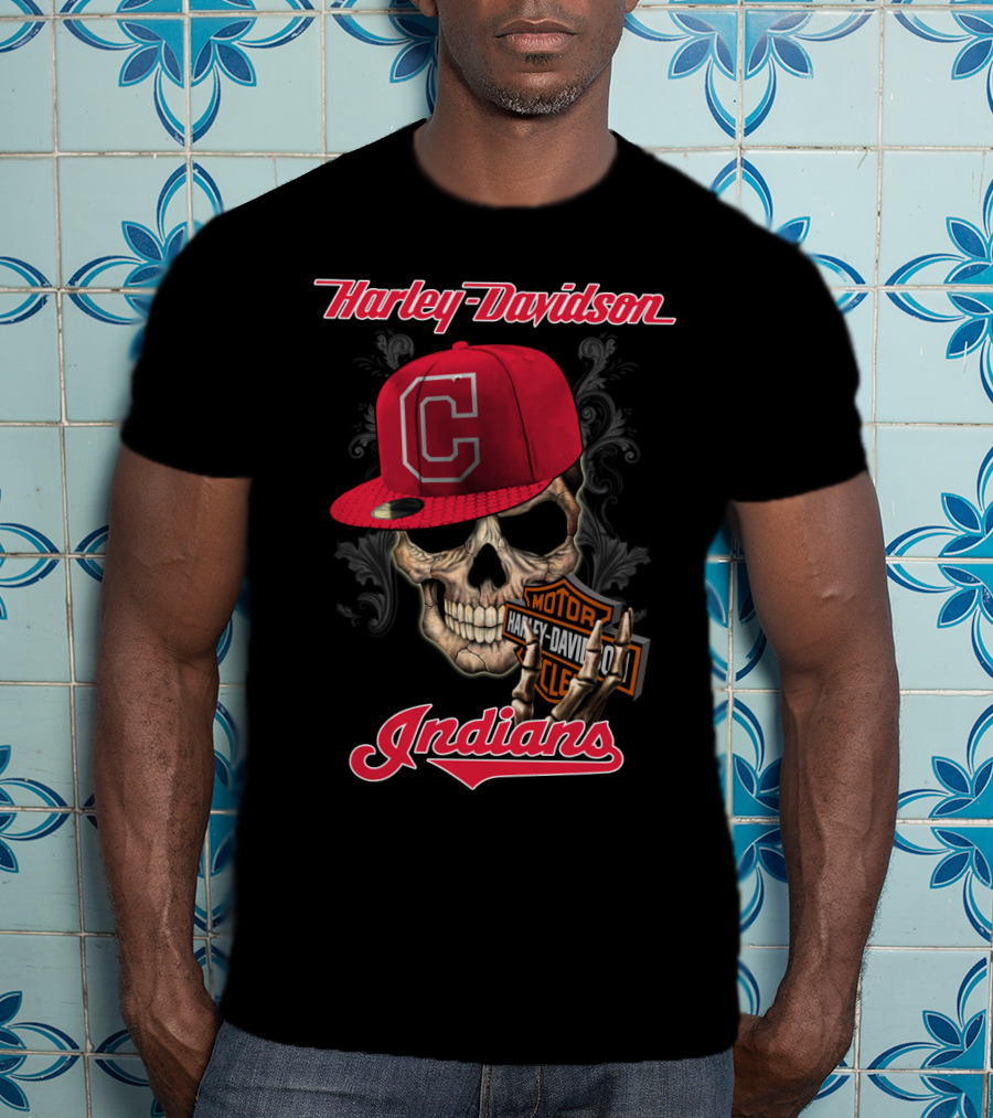 Harley Davidson Skull With Cleveland Indians Cap T-Shirt