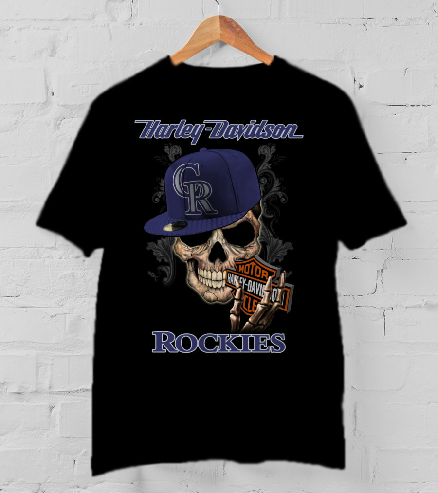 Harley Davidson Rockies Skull With Colorado Rockies Cap T-Shirt