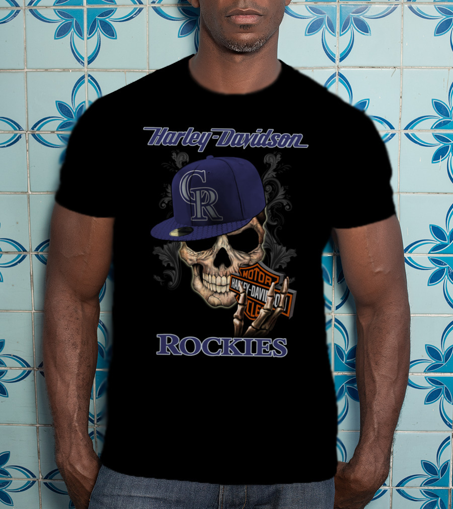 Harley Davidson Rockies Skull With Colorado Rockies Cap T-Shirt