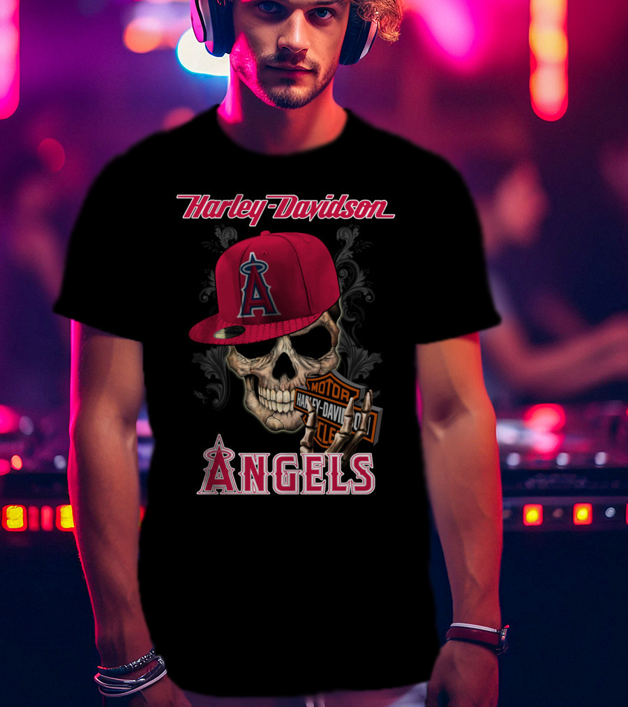 Harley Davidson Los Angeles Angels Skull With Cap T-Shirt