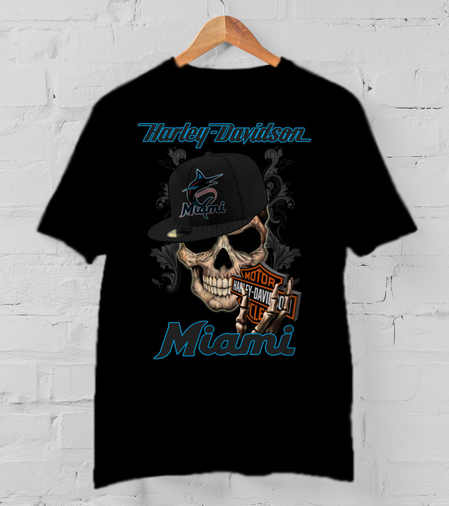 Harley Davidson Miami Skull With Miami Marlins Cap T-Shirt