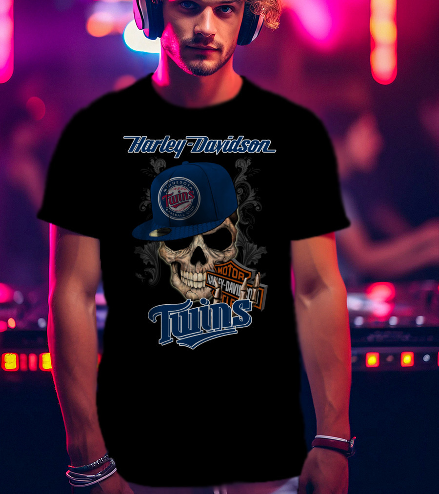 Harley Davidson Minnesota Twins Baseball Club Skull Motor Twins T-Shirt