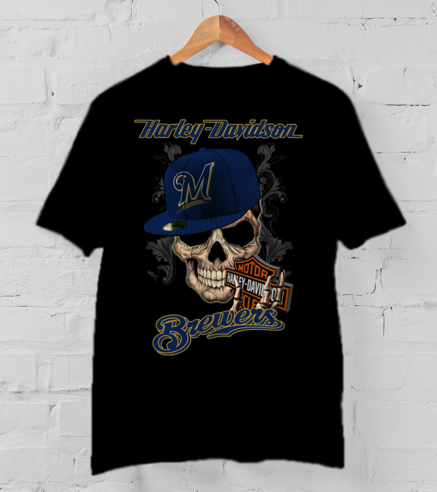 Harley Davidson Milwaukee Brewers Skull With Hat T-Shirt