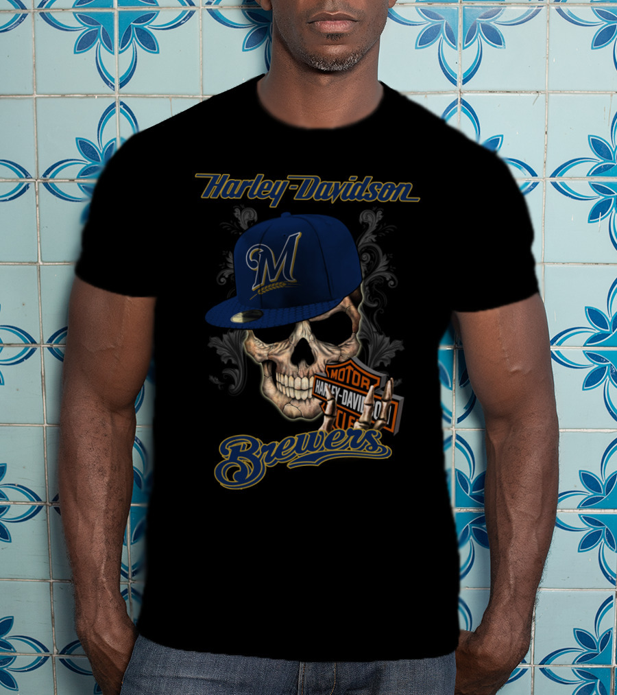 Harley Davidson Milwaukee Brewers Skull With Hat T-Shirt