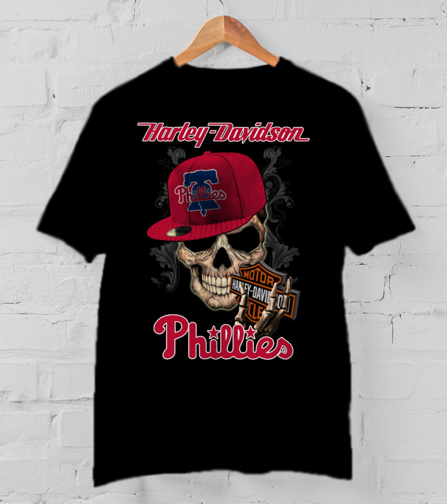 Harley Davidson Skull With Philadelphia Phillies Cap T-Shirt