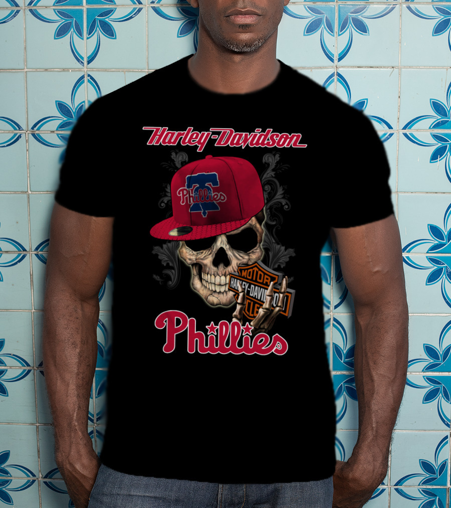 Harley Davidson Skull With Philadelphia Phillies Cap T-Shirt