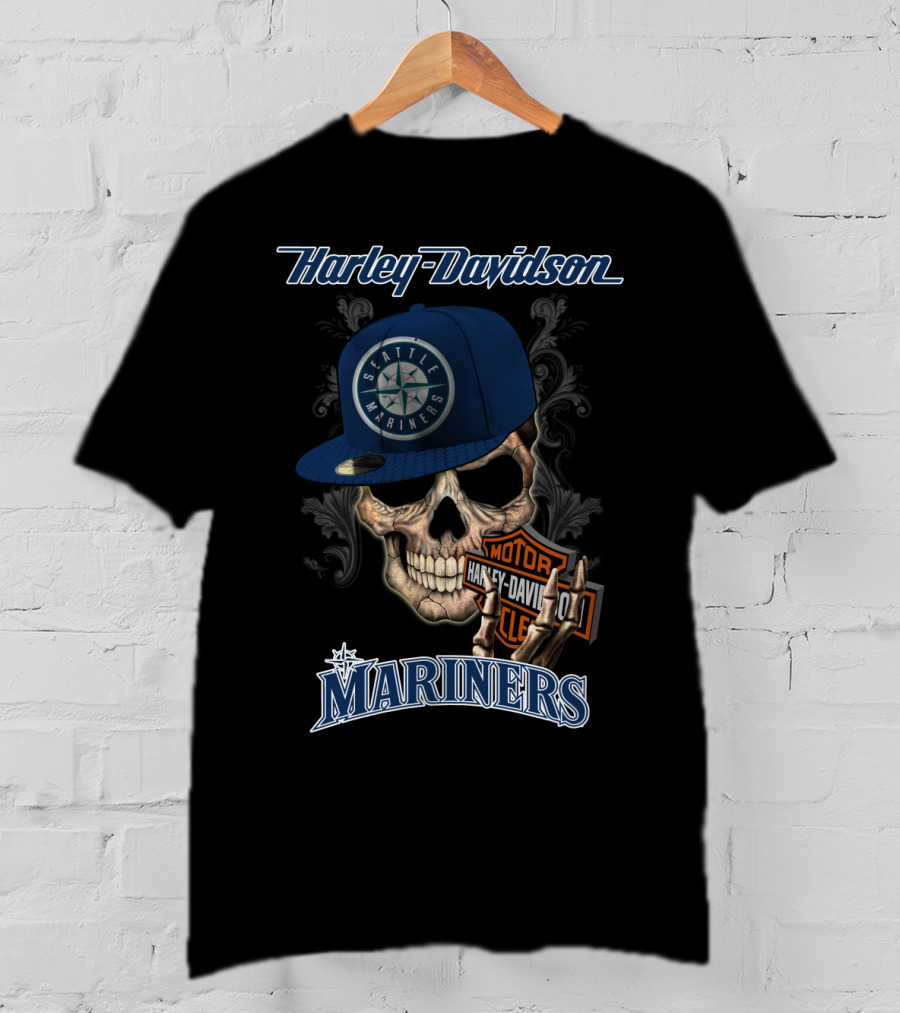 Harley Davidson Skull With Seattle Mariners Cap T-Shirt