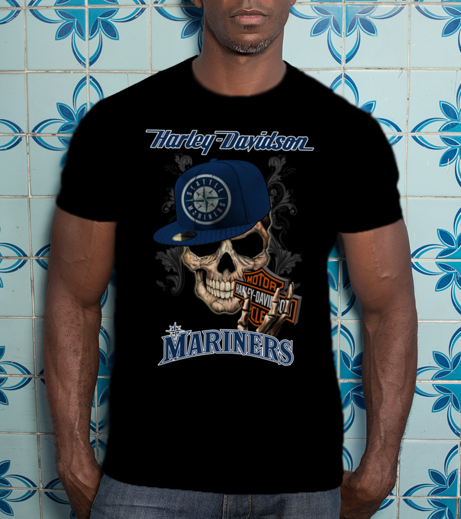 Harley Davidson Skull With Seattle Mariners Cap T-Shirt