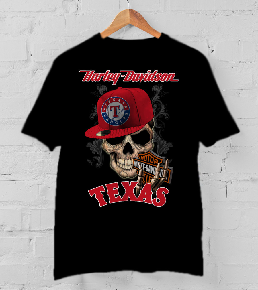 Harley Davidson Texas Skull With Texas Rangers Cap T-Shirt